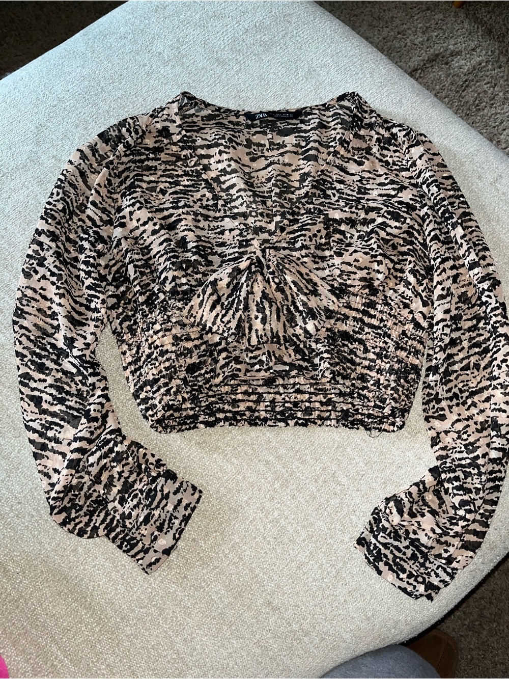 Zara Beige and Black Ruched Animal-Print Long Sleeve Crop Top
